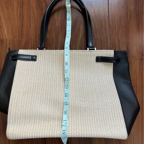 KATE SPADE Black Leather White Woven Patterned Silver Tone Hardware Tote Handbag - Picture 9 of 12